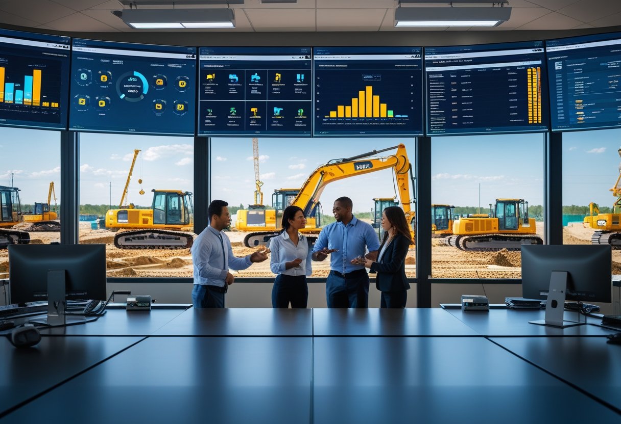 A team of professionals in a control room monitors heavy equipment operations and maintenance using digital screens, with construction machinery visible outside the window.