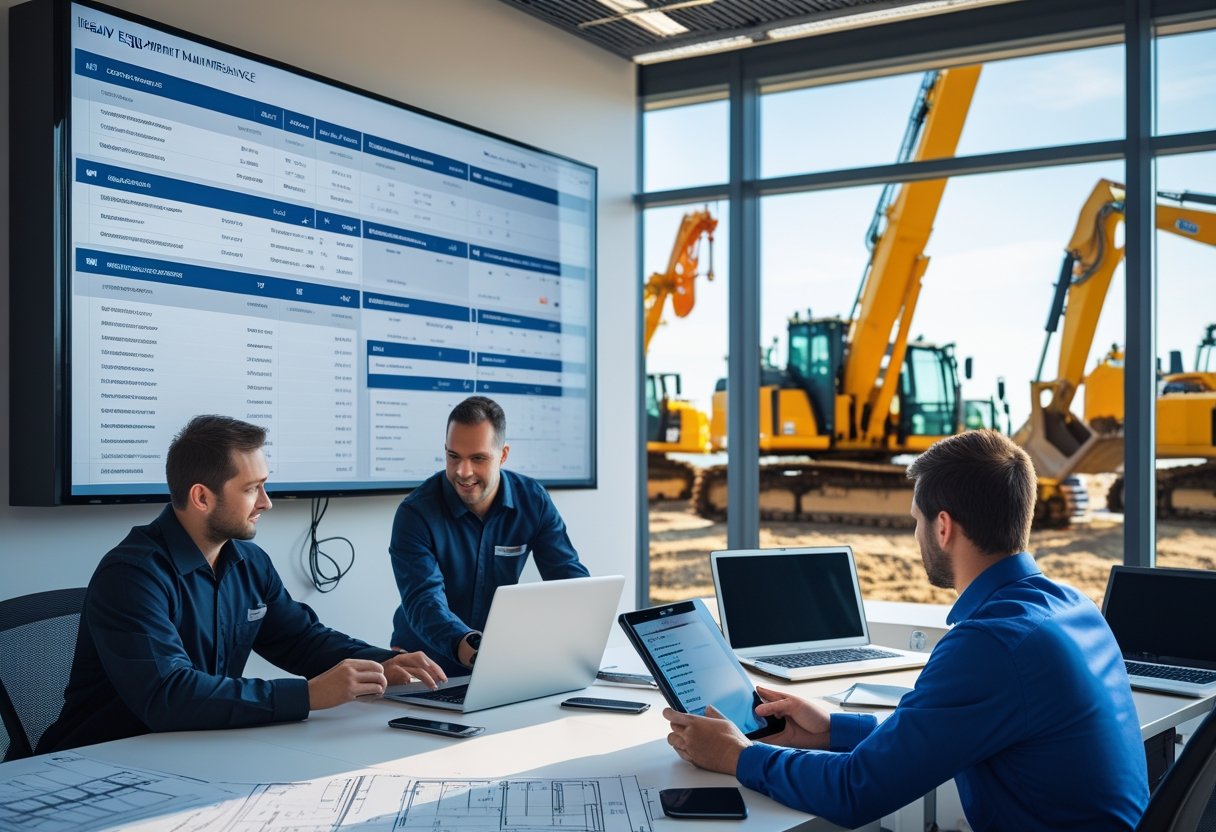 Engineers and fleet managers using digital devices in an office with heavy construction equipment visible outside.