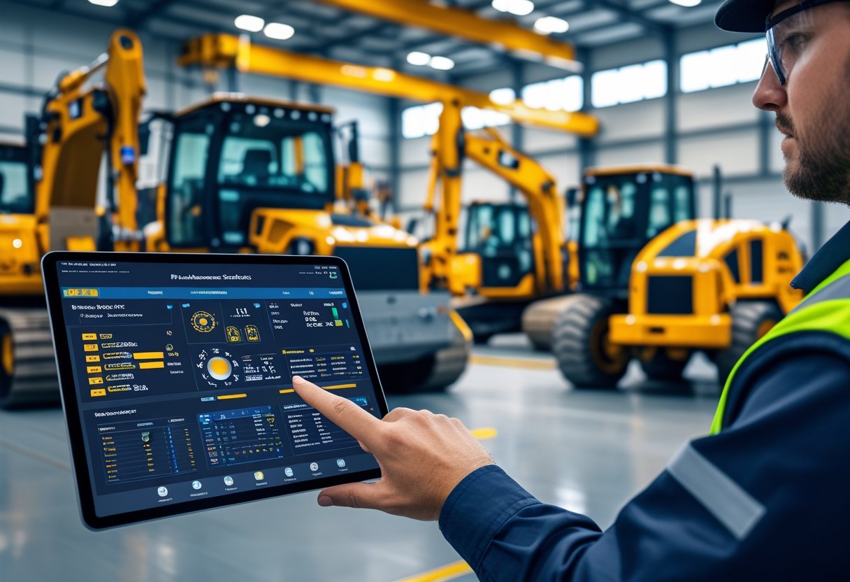 A technician in a safety vest uses a tablet in a workshop with heavy construction vehicles and organized tools in the background.