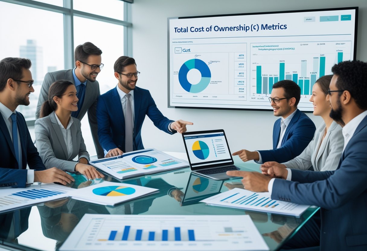 Business professionals collaborating around a table with charts and laptops displaying cost metrics in a bright office.