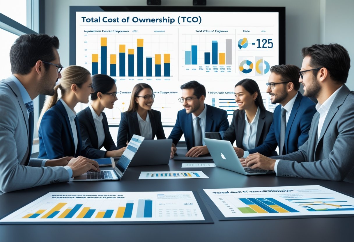 Business professionals analyzing financial data and charts around a conference table in an office.