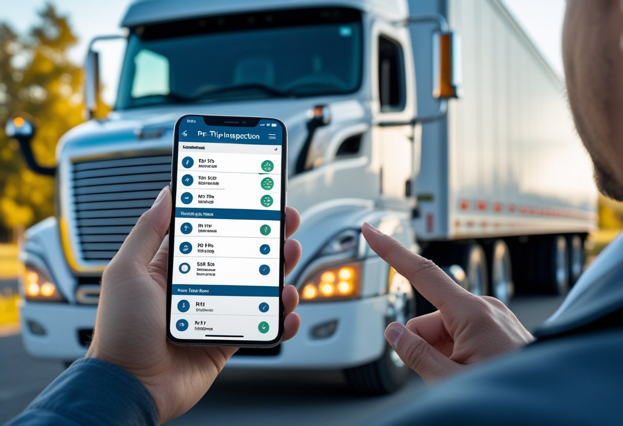 A person using a smartphone app to perform a pre-trip inspection of a commercial truck outdoors.