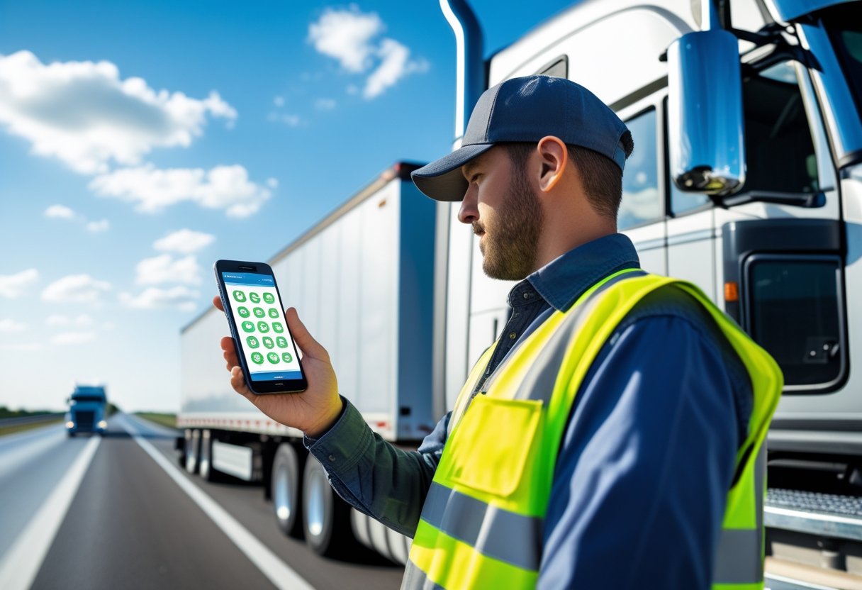 A truck driver wearing a safety vest uses a smartphone to inspect a semi-truck parked by the roadside on a clear day.