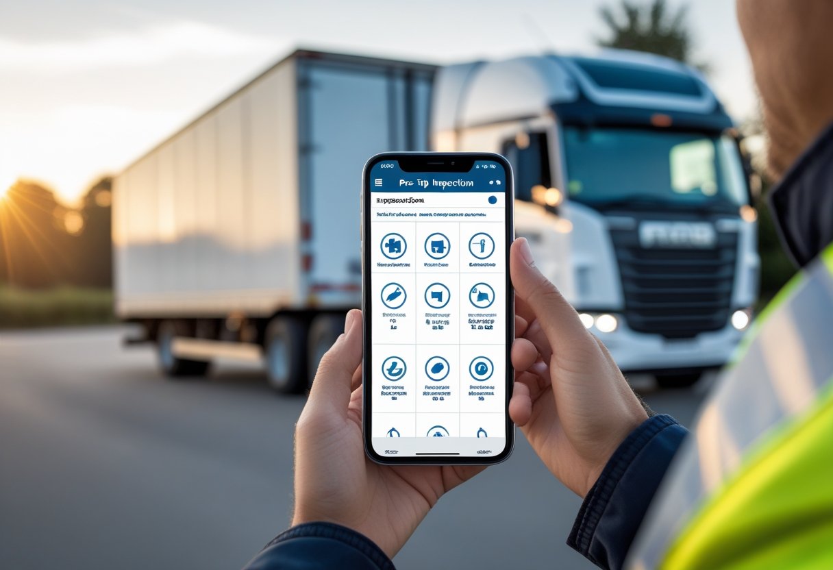 Hands holding a smartphone showing a vehicle inspection app with a truck in the background.