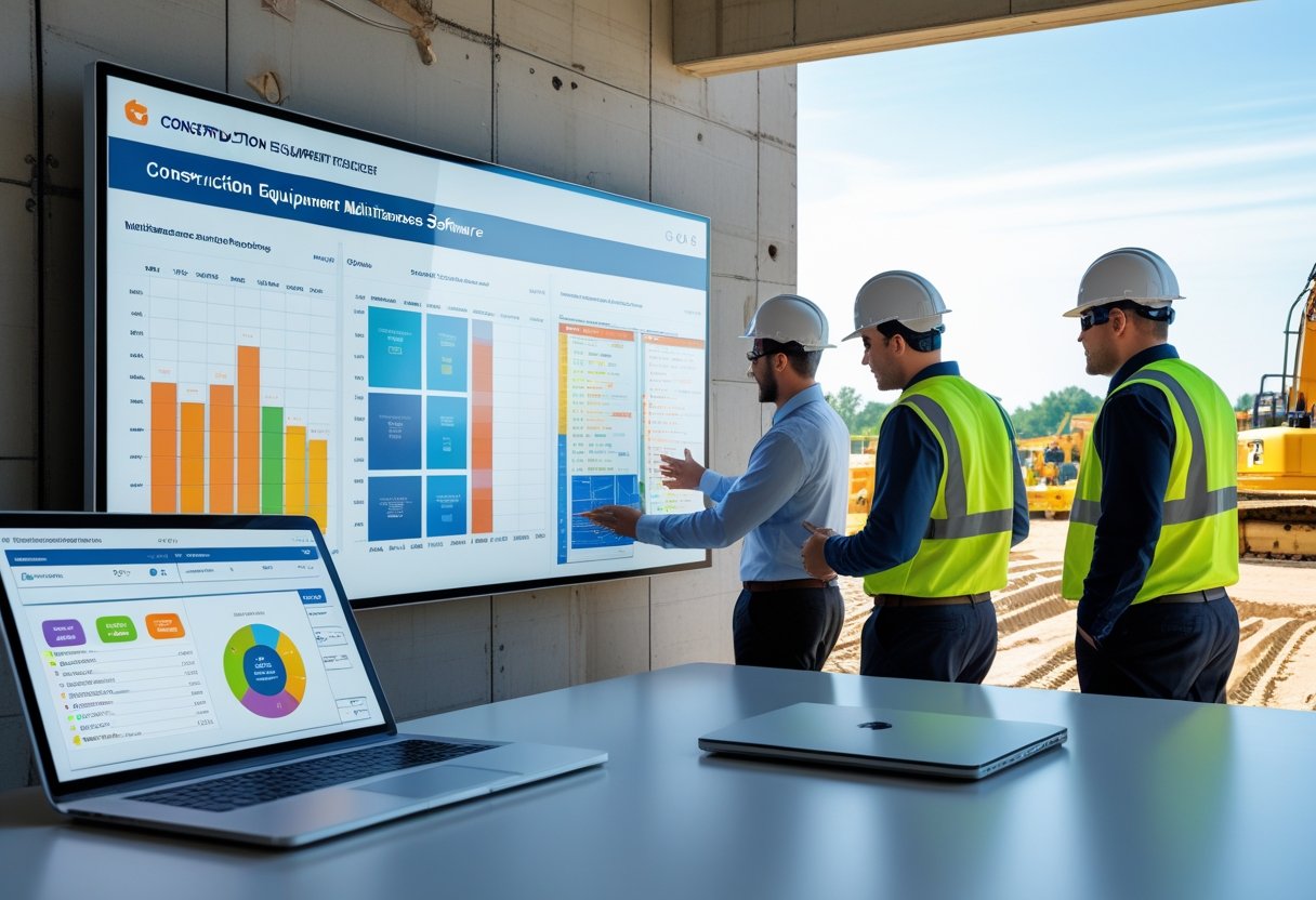 Construction managers and technicians using digital devices to review maintenance data for heavy construction machinery at a construction site office.