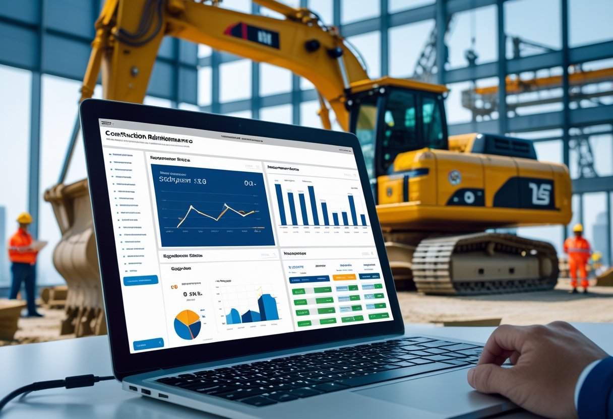 A construction site office with a laptop showing maintenance software and construction machinery with workers in the background.