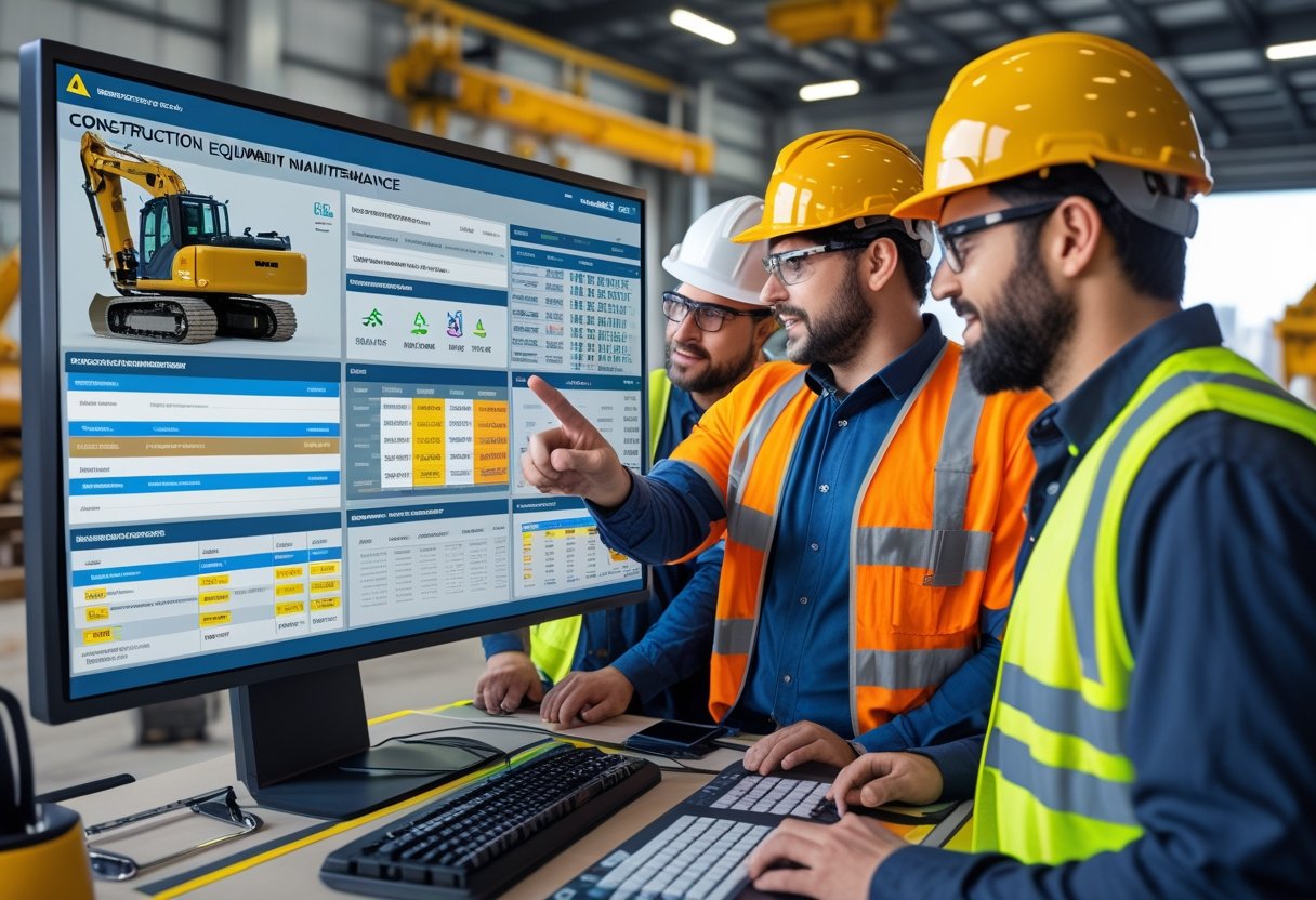 Construction managers and technicians collaborating around a touchscreen monitor displaying maintenance data for heavy machinery at a construction site.