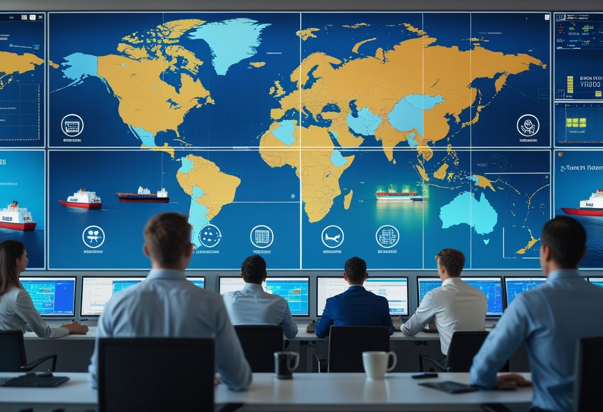 A team of professionals in a control room monitoring global shipping routes and fleet operations on large digital screens.
