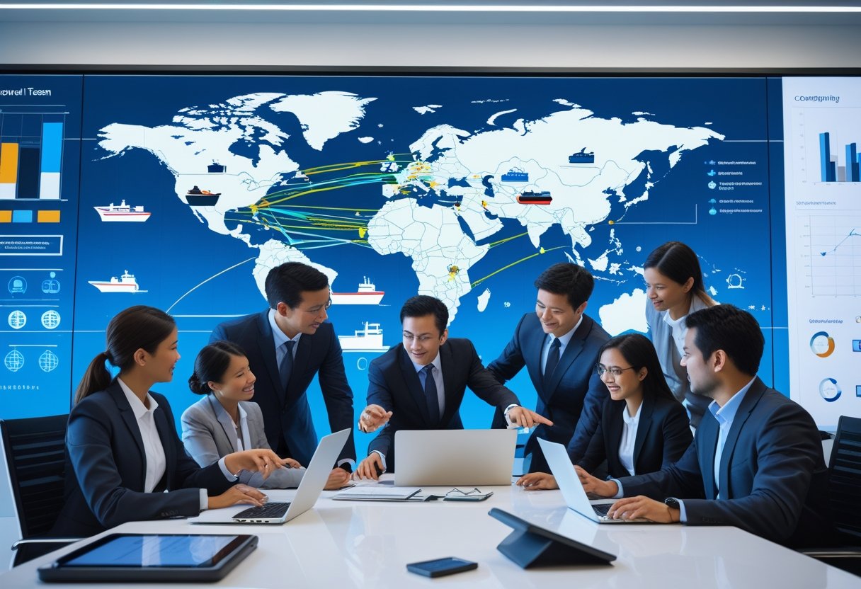 A diverse group of business professionals collaborating around a digital world map showing global shipping routes and vehicles in a modern office.