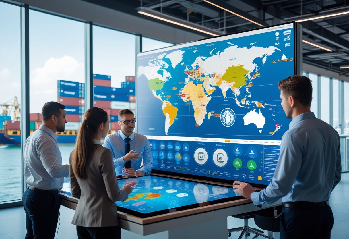 A team of professionals in an office collaborating around a digital table showing a world map with shipping routes, with a busy port and cargo ships visible through large windows.