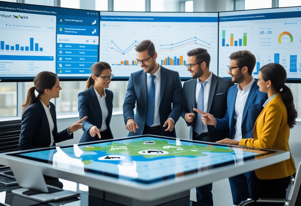 A group of professionals collaborating around a digital touchscreen table showing vehicle tracking maps and data charts in a modern office.
