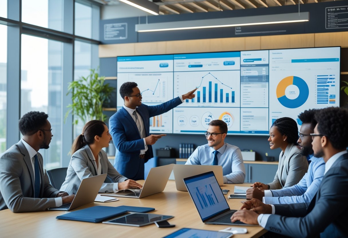 A group of professionals in an office meeting reviewing fleet management software data on laptops and a large screen.