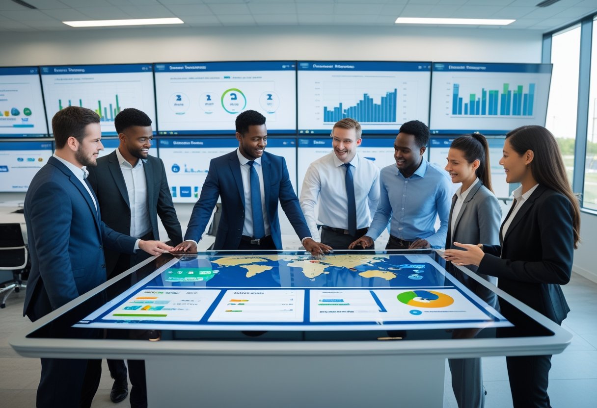Business professionals collaborating around a digital touchscreen table displaying fleet management data and maps in a modern office.