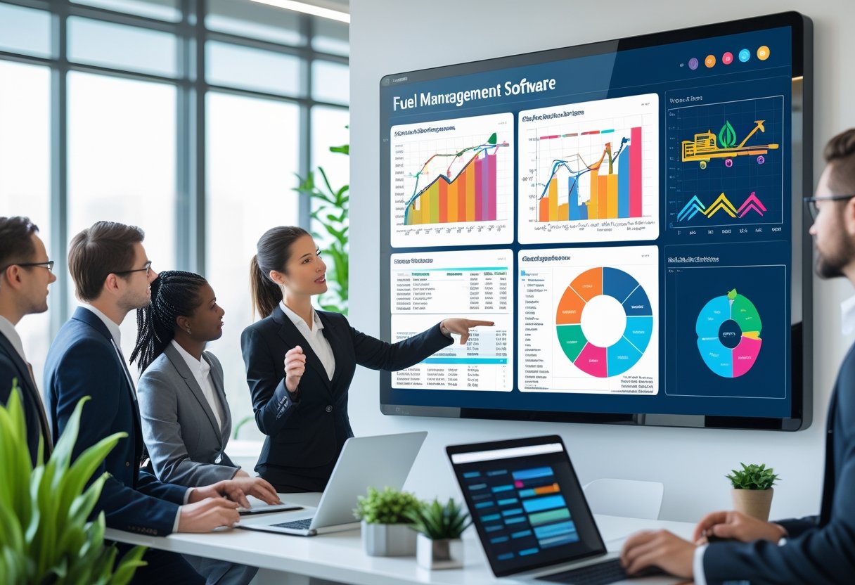 A group of professionals in a modern office analyzing fuel consumption data on a large digital touchscreen display.
