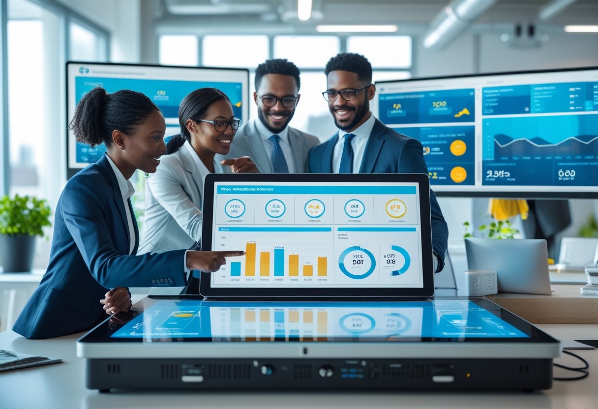 A group of professionals in an office analyzing fuel consumption data on digital screens and a touchscreen table.