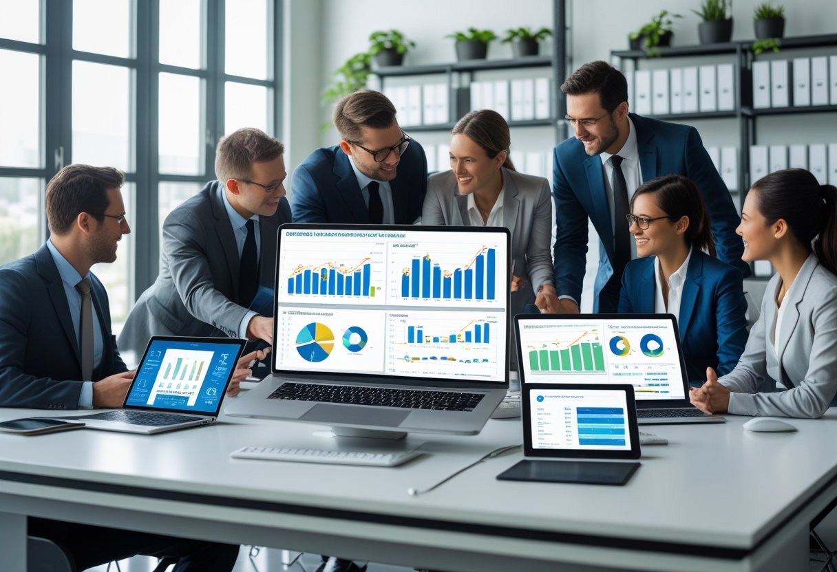 Business professionals collaborating around a desk with laptops and tablets displaying fuel management data in a bright office.