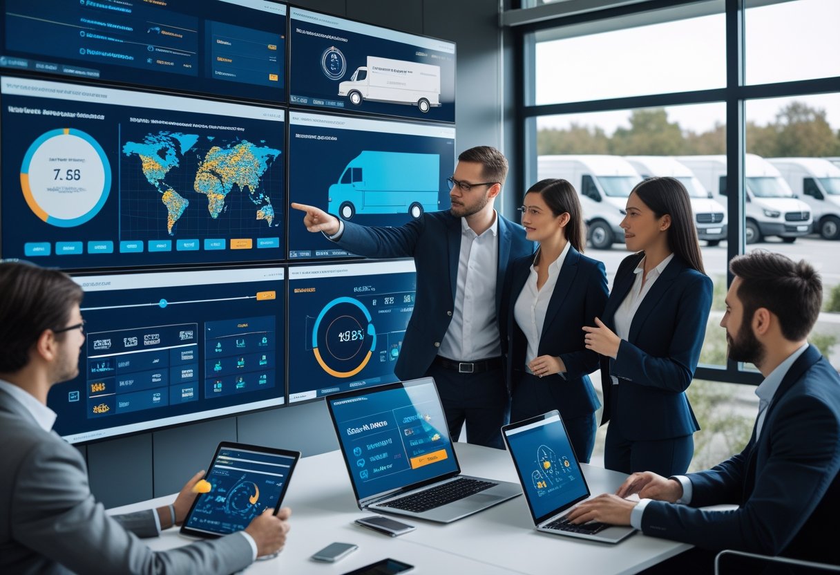 A group of professionals in an office analyzing real-time vehicle data on large screens with delivery trucks visible outside the window.