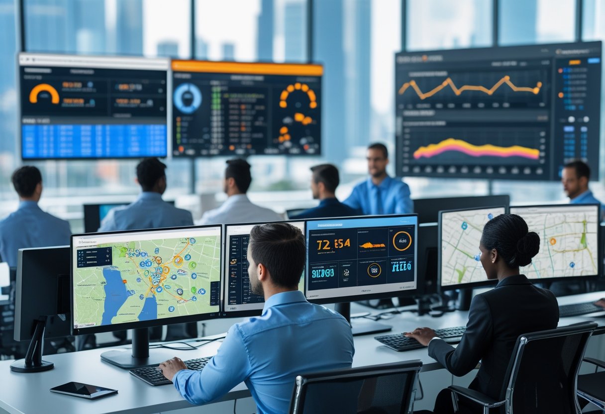 A team of professionals working at computer monitors displaying vehicle tracking maps and data in a modern office.