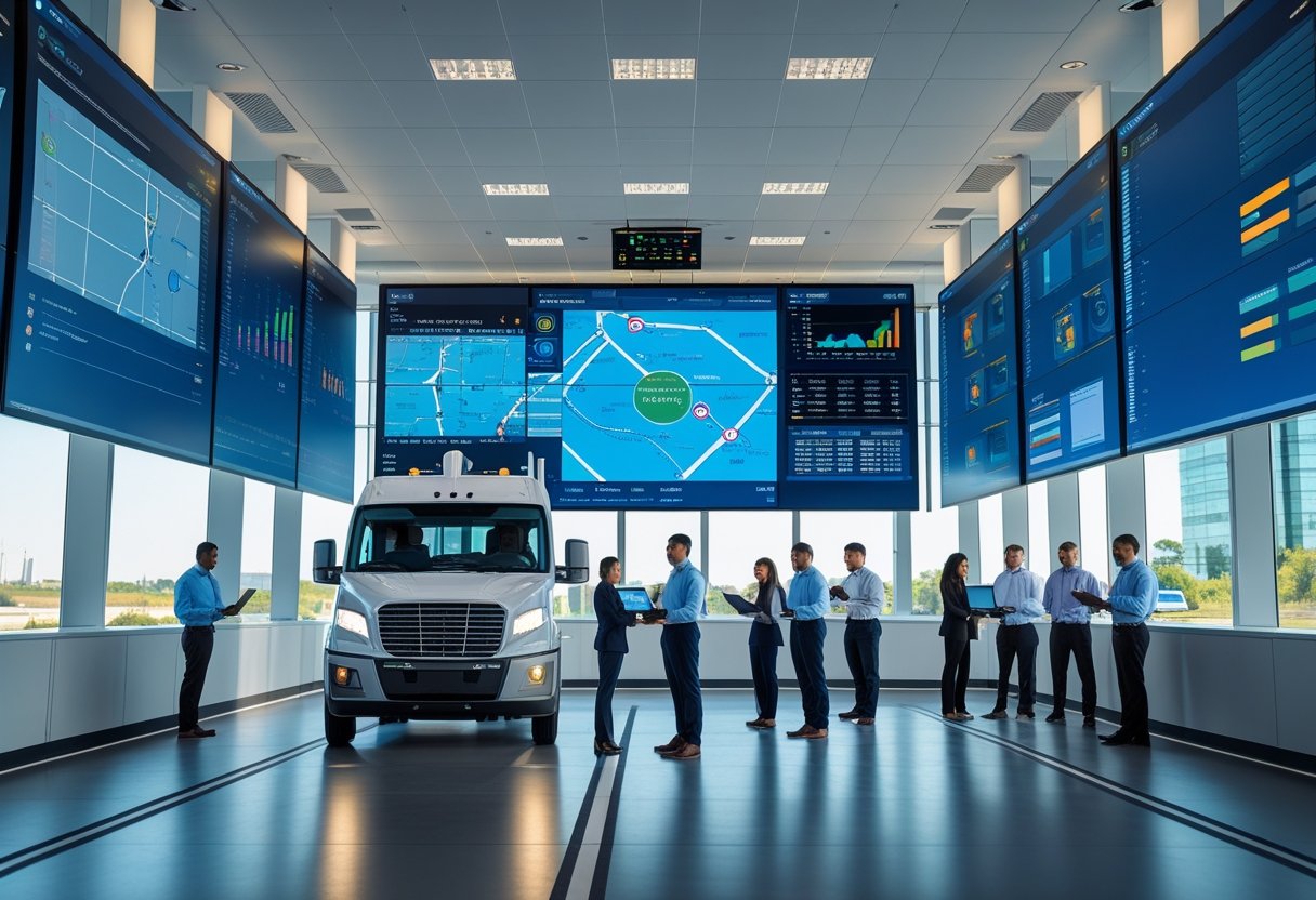 Professionals monitoring real-time vehicle data on screens in a control center with a fleet vehicle driving on a highway nearby.