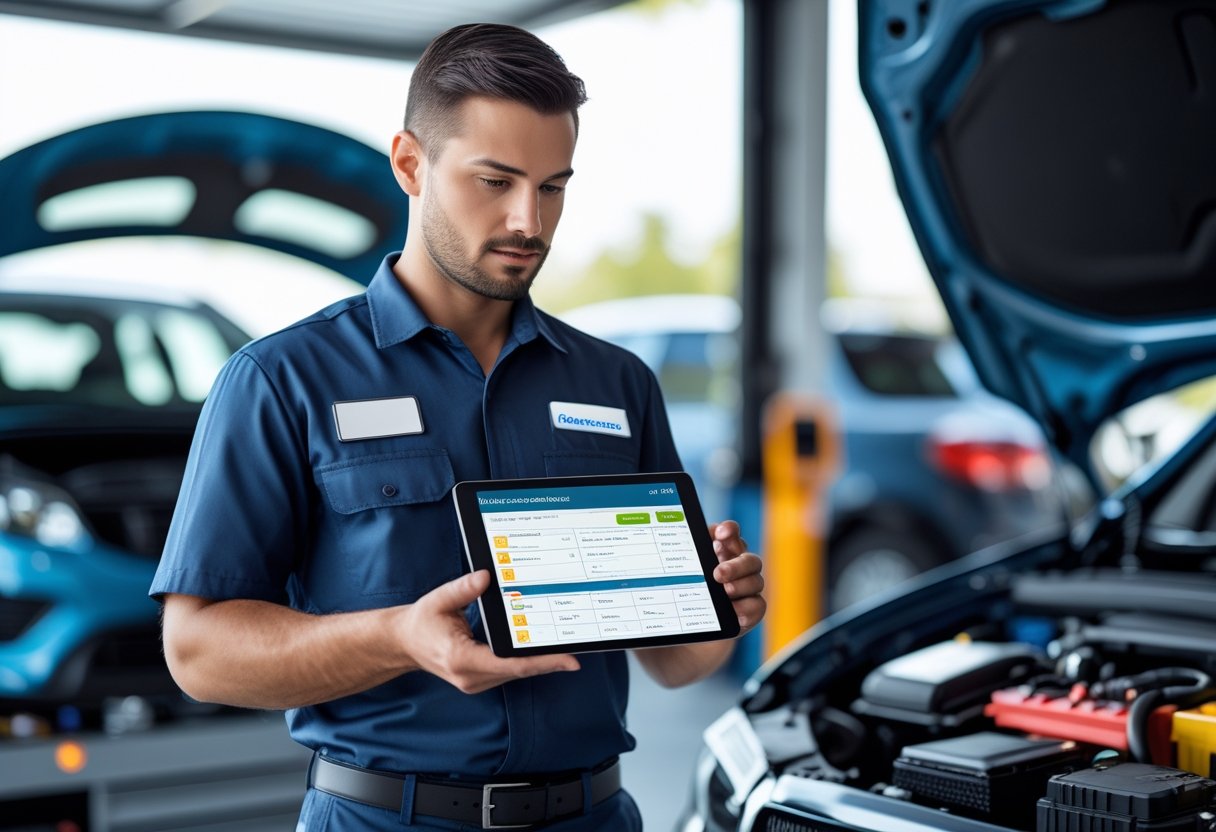 An automotive technician using a mobile device to inspect a car with its hood open in a garage.