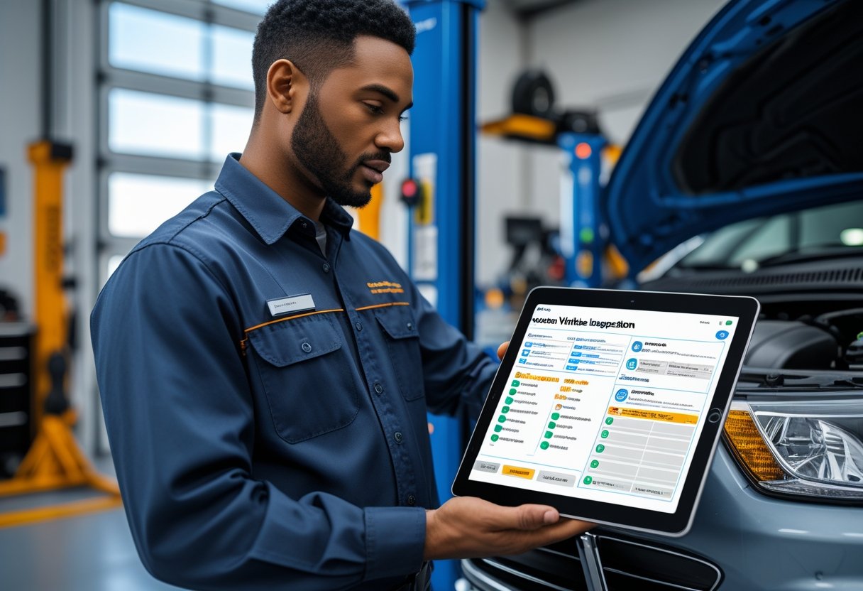 A vehicle inspector using a tablet to check a car in an automotive workshop.