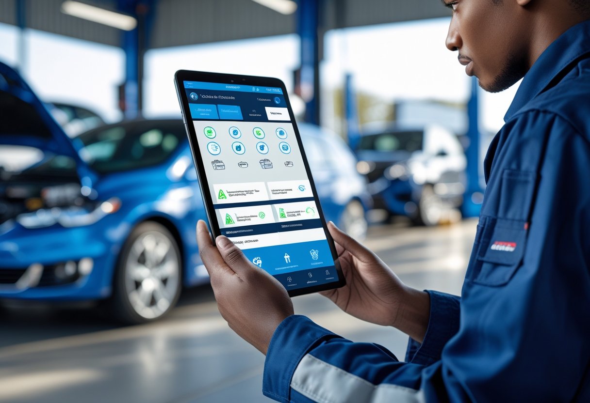 A mechanic using a tablet to perform a vehicle inspection outdoors near a car.