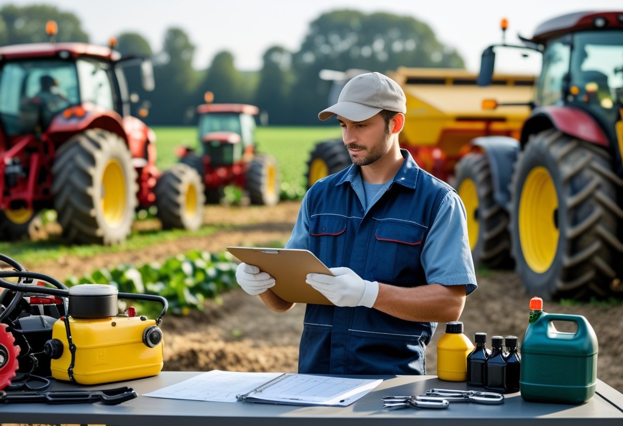 A person reviewing a maintenance checklist near farm equipment outdoors with tools and machinery visible.