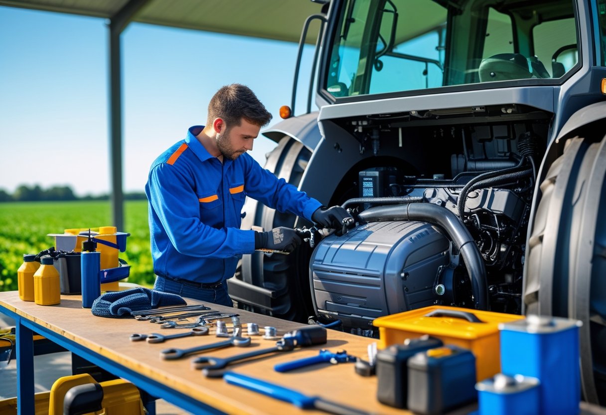 A technician wearing gloves repairing a large tractor outdoors with tools on a workbench nearby and green fields in the background.