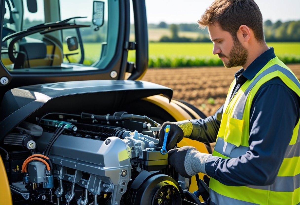 A technician performing maintenance on a large tractor outdoors in a farm setting.