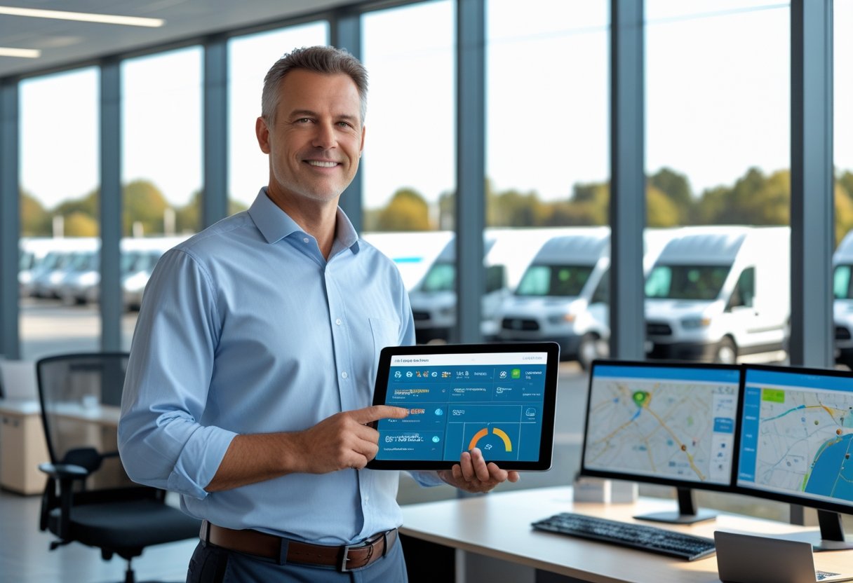 A fleet manager holding a tablet in an office with a parking lot of delivery vans and trucks visible through large windows.