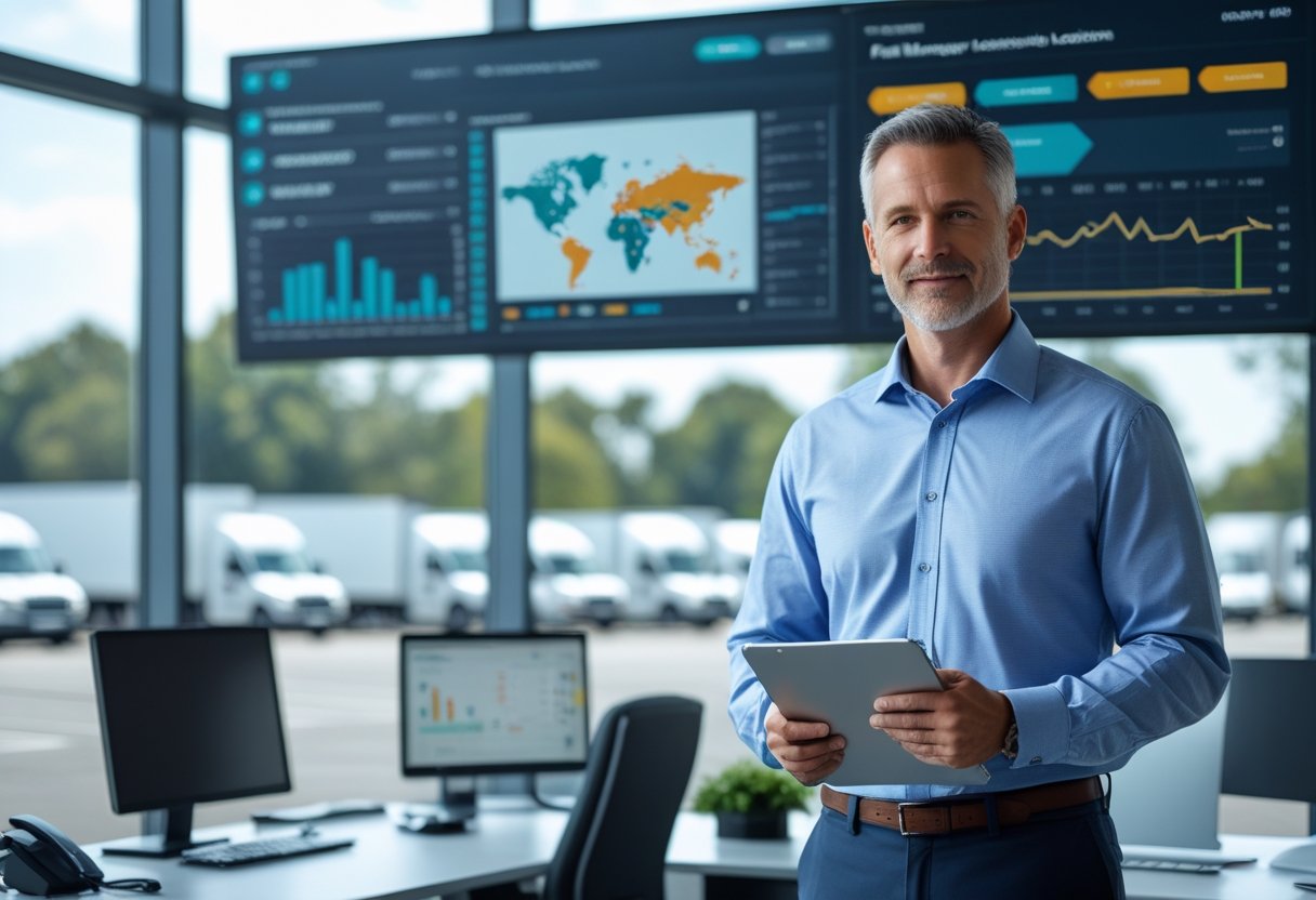 A fleet manager in an office monitoring vehicle data on a digital dashboard with trucks visible outside a window.