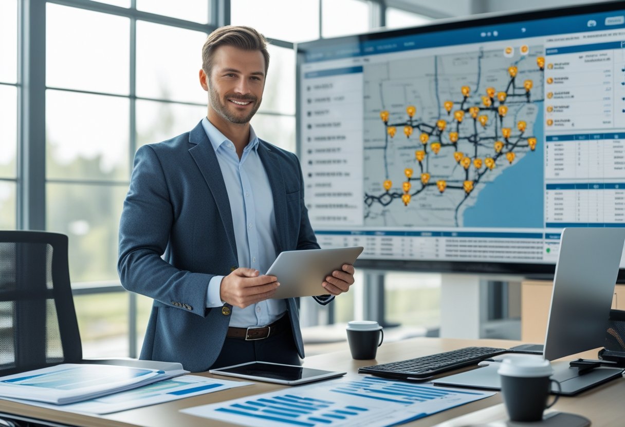A fleet manager in an office reviewing digital tablets and documents with a large screen showing vehicle tracking and maps in the background.