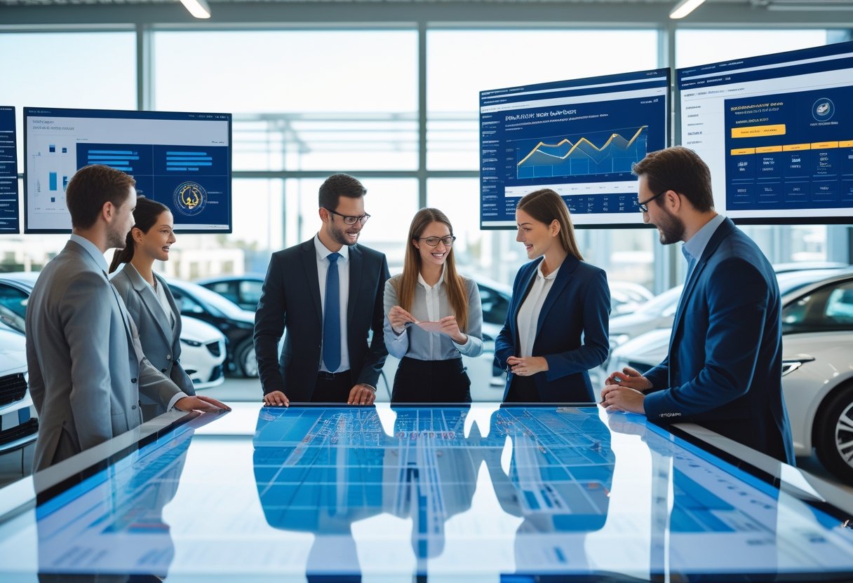A team of professionals working together in an office with digital screens showing vehicle and fleet data, with cars visible outside the window.