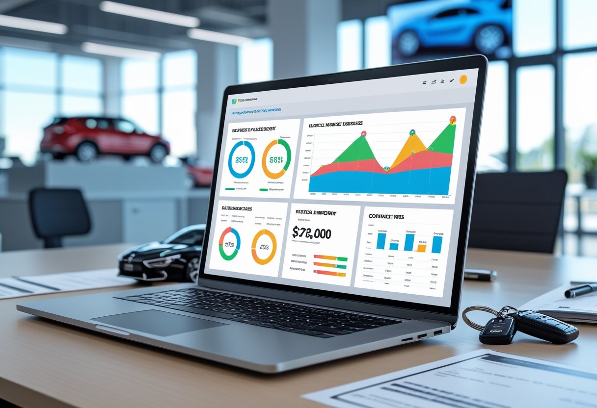 A computer displaying automotive leasing software dashboard with charts and data, surrounded by car keys and a miniature car model on a desk in a modern office.