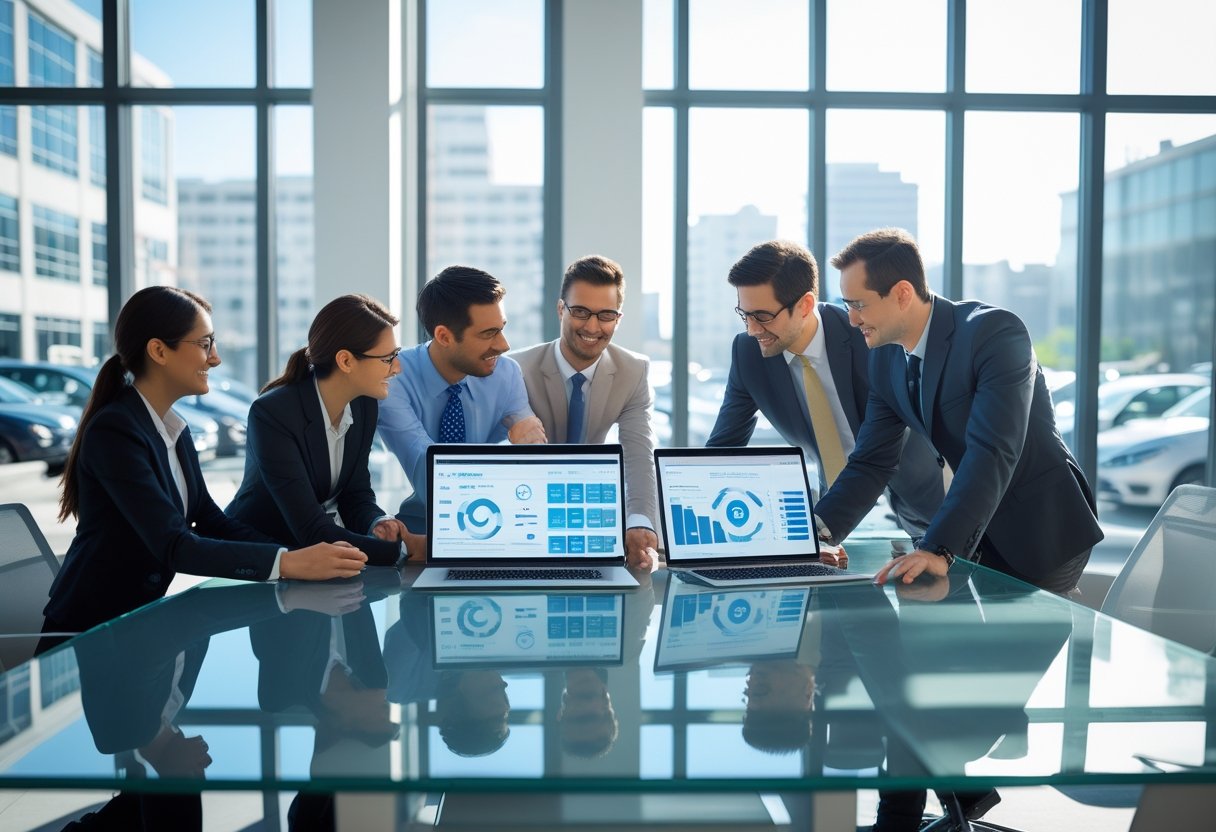 Business professionals collaborating in an office with laptops and tablets showing automotive leasing software dashboards.