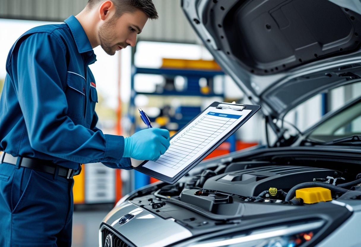 A mechanic inspecting a car engine with a checklist at an auto repair shop.