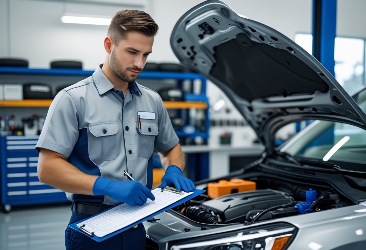 A mechanic inspecting a car engine with a checklist on a clipboard nearby in a clean auto repair shop.