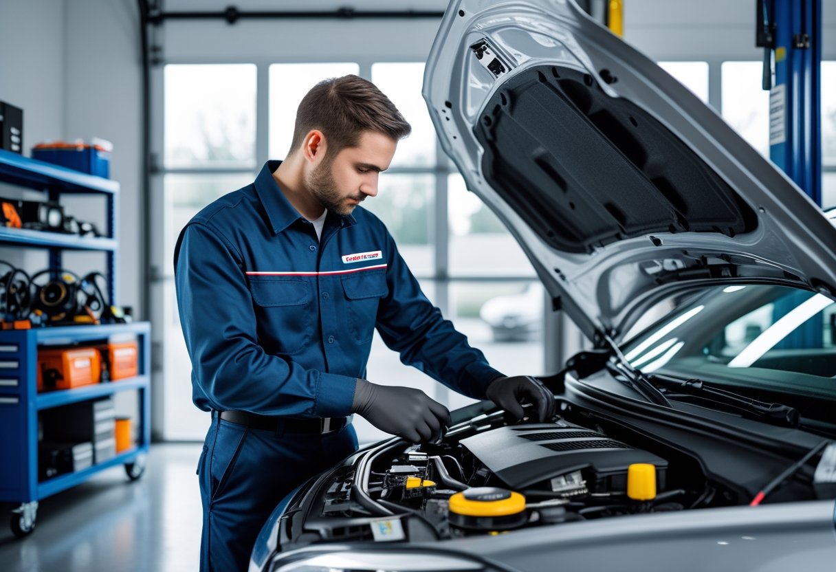 A mechanic inspecting the engine of a car in a clean garage with tools and equipment nearby.