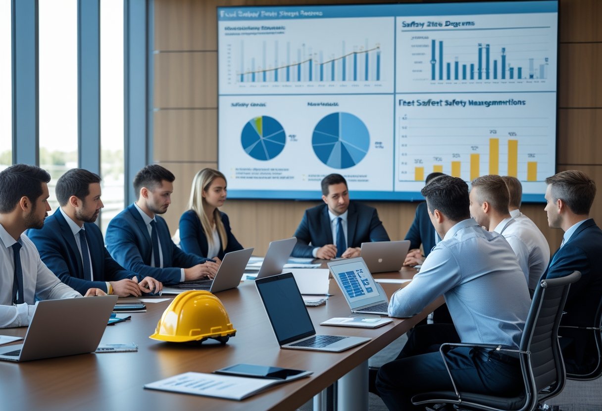 A group of professionals in a conference room discussing fleet safety with laptops and charts displayed on a screen.