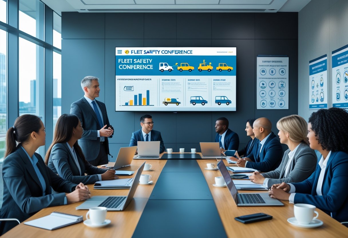 A group of professionals attending a fleet safety conference in a modern meeting room, listening to a presenter near a digital screen with safety charts.