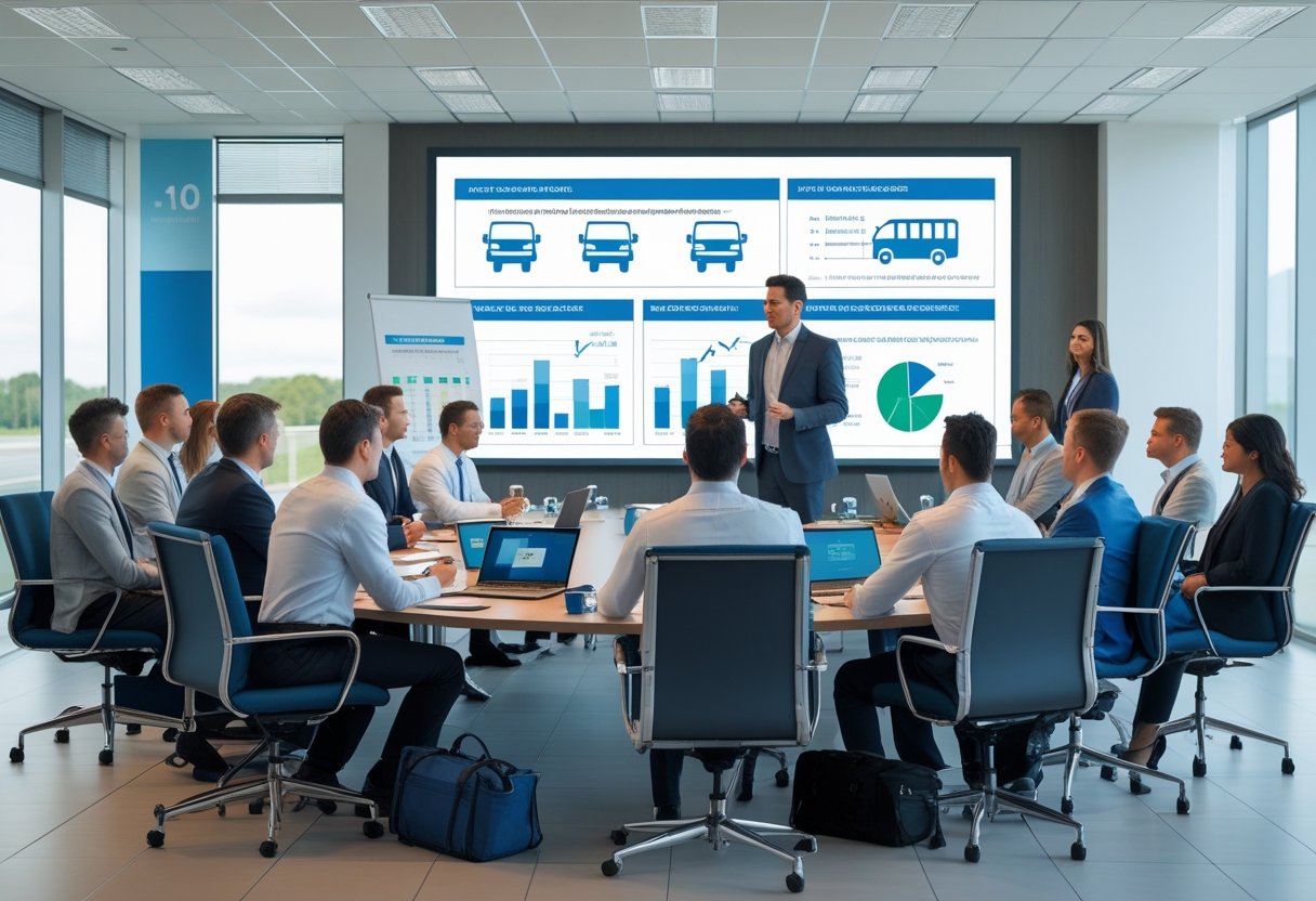 A group of business professionals attending a fleet safety conference in a modern meeting room, listening to a presenter showing charts on a digital screen.