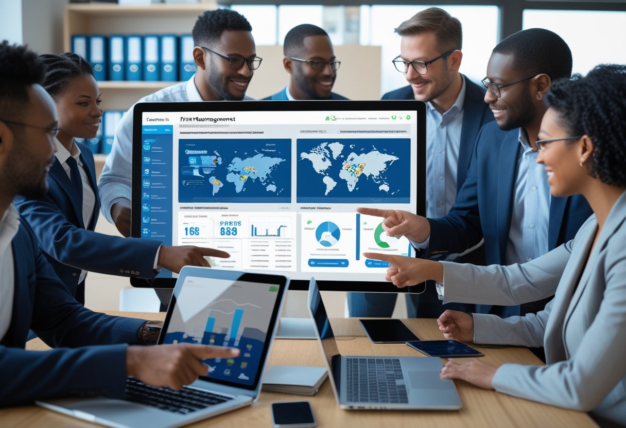 A team of professionals working together around digital screens displaying vehicle fleet management data in an office setting.