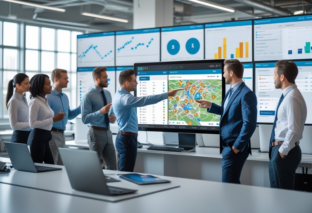 A team of professionals collaborating around a large digital display showing vehicle routes and data in a modern office.