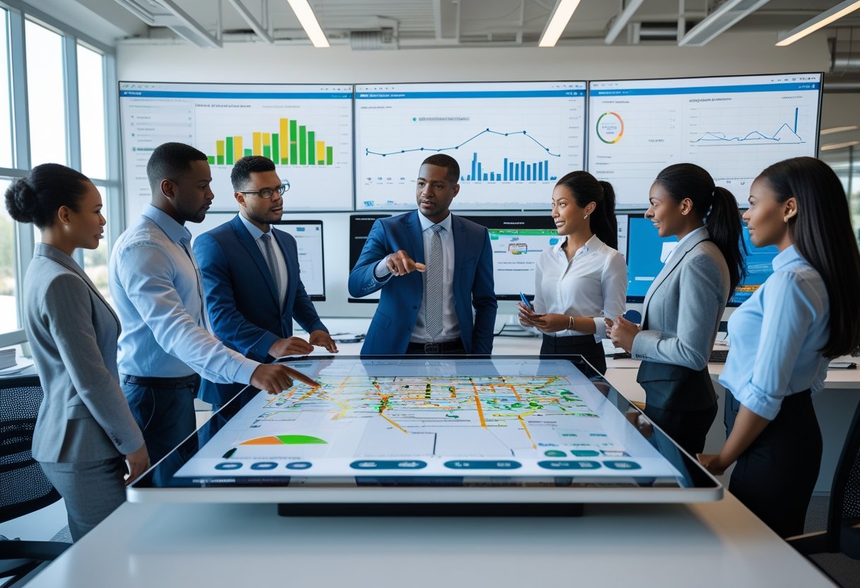 A team of professionals in an office reviewing digital maps and data on a large touchscreen to manage vehicle routes and logistics.