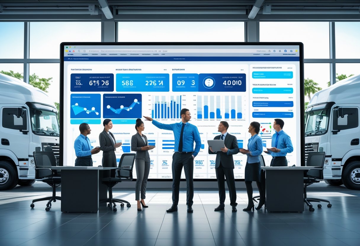 A team of professionals in an office reviewing fleet data on digital screens with vehicles visible outside the window.