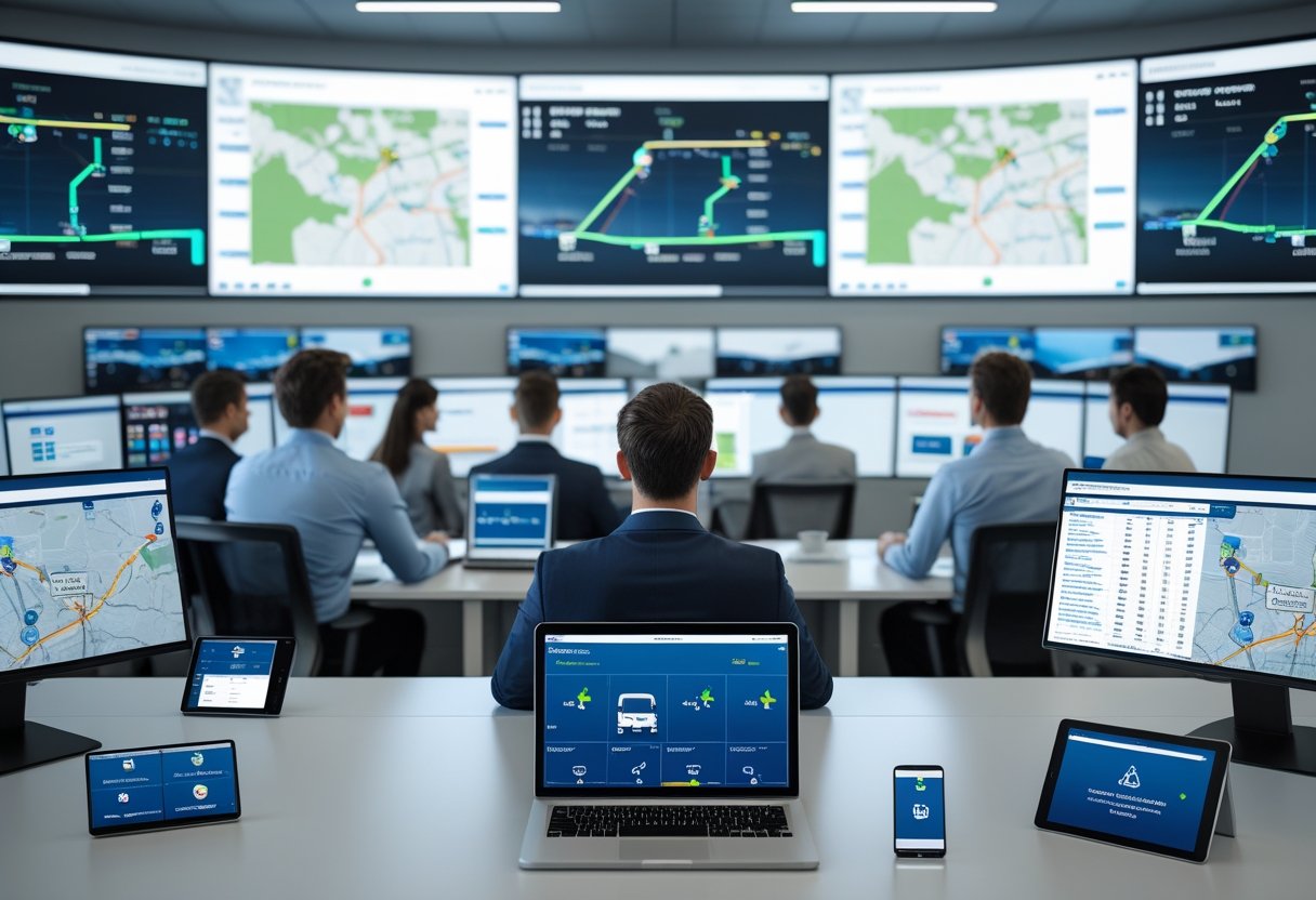 A team of professionals in an office monitoring multiple screens showing maps and routes for truck tracking.