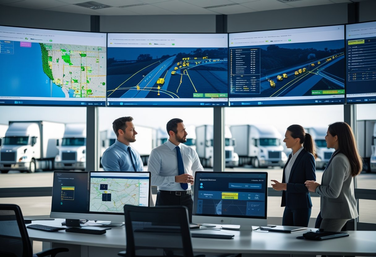 A logistics control room with professionals monitoring digital maps and tracking data of trucks in real time.