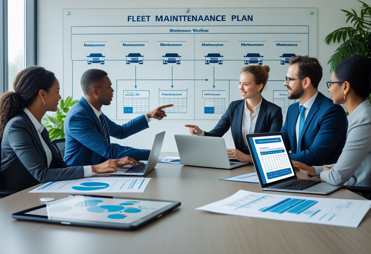 A group of professionals collaborating around a table with laptops and documents, discussing vehicle maintenance plans in an office.