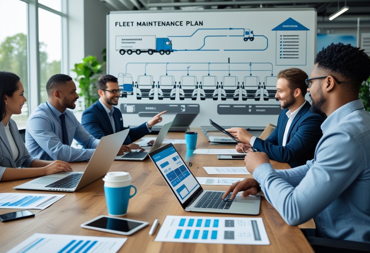 A group of professionals collaborating around a table with laptops, documents, and charts related to vehicle maintenance planning in a bright office.