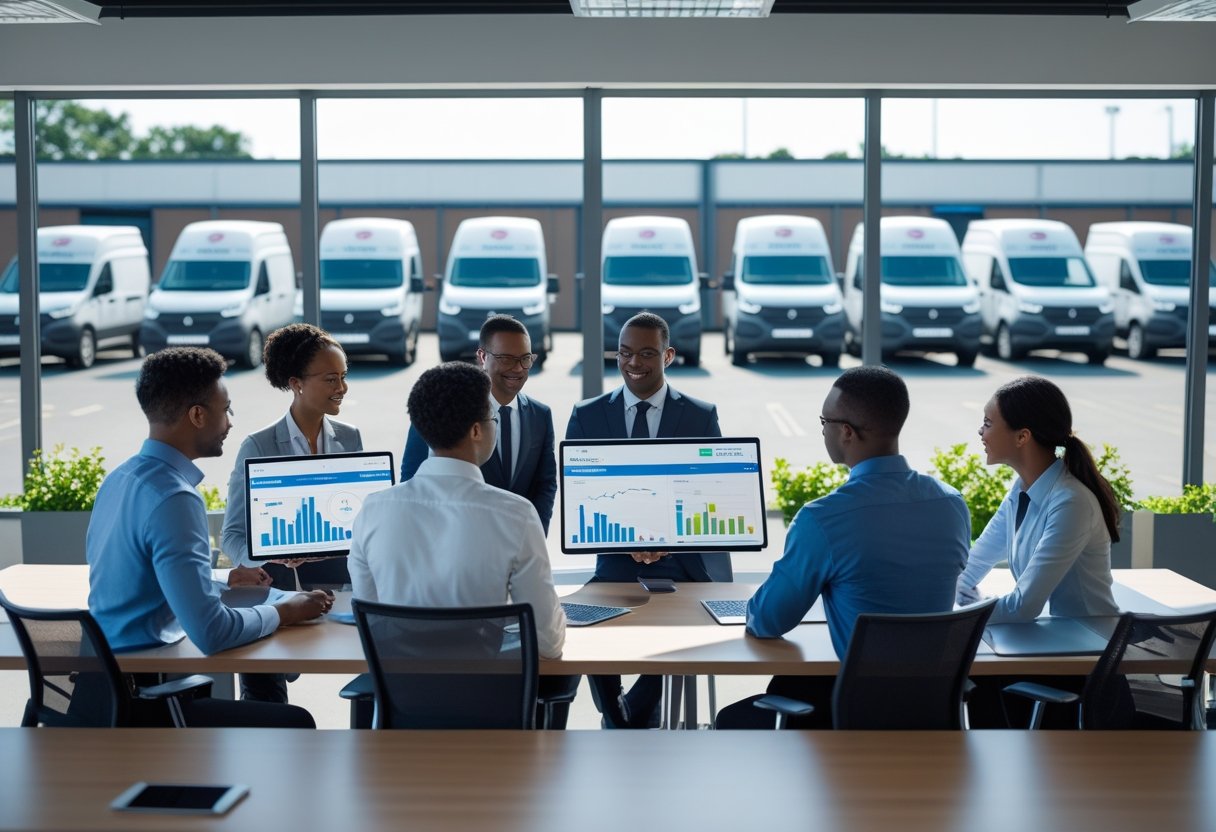 Business professionals in an office reviewing digital devices with a fleet of commercial vehicles parked outside.